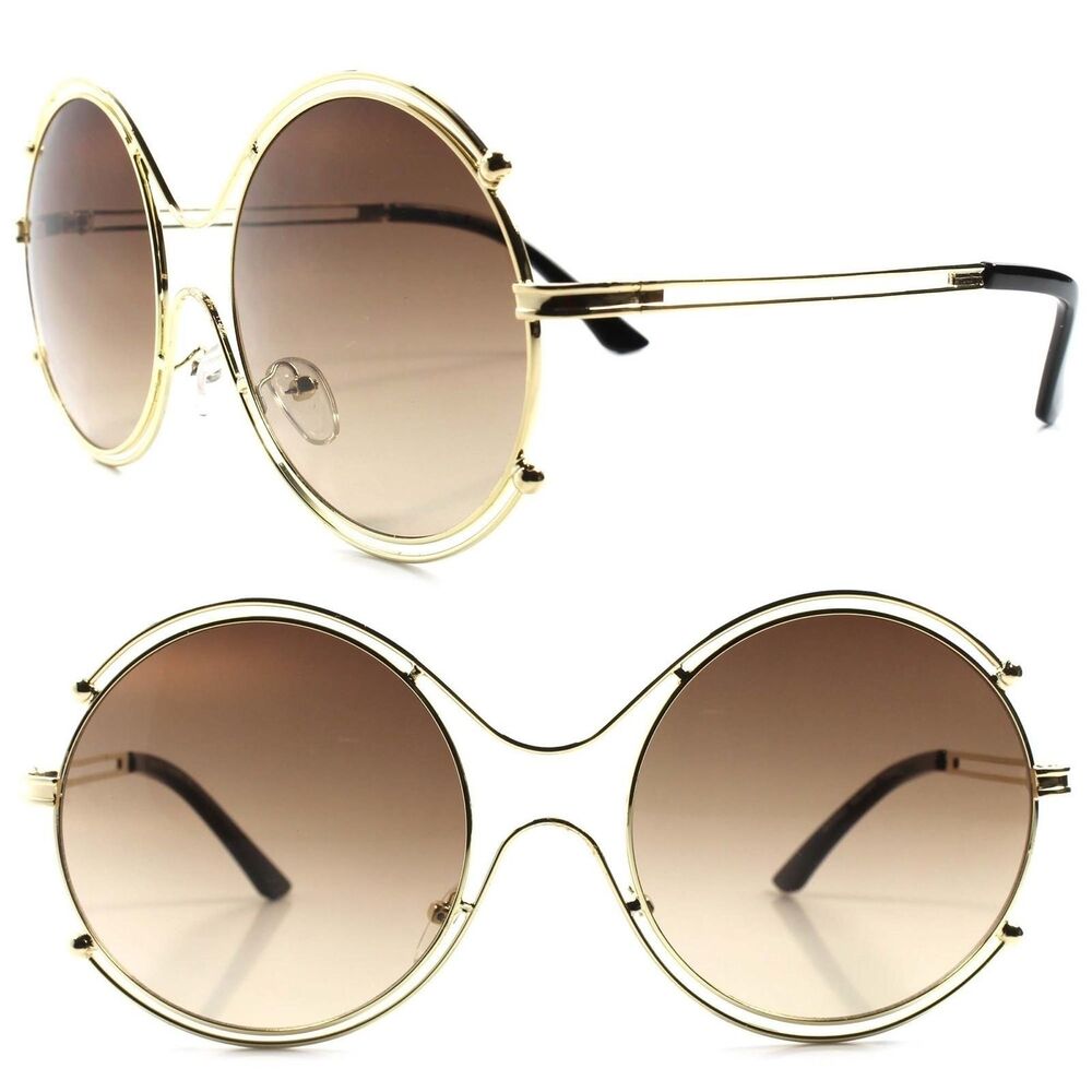 Elegant Gold Frame Womens Fashion Designer Oversized XXL Round Sunglasses